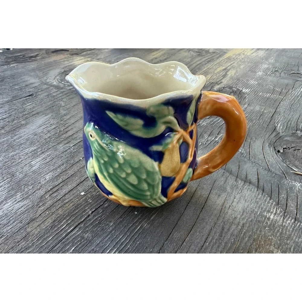 Henriksen Imports Classic Majolica Bird and Pear Handpainted Stoneware Creamer